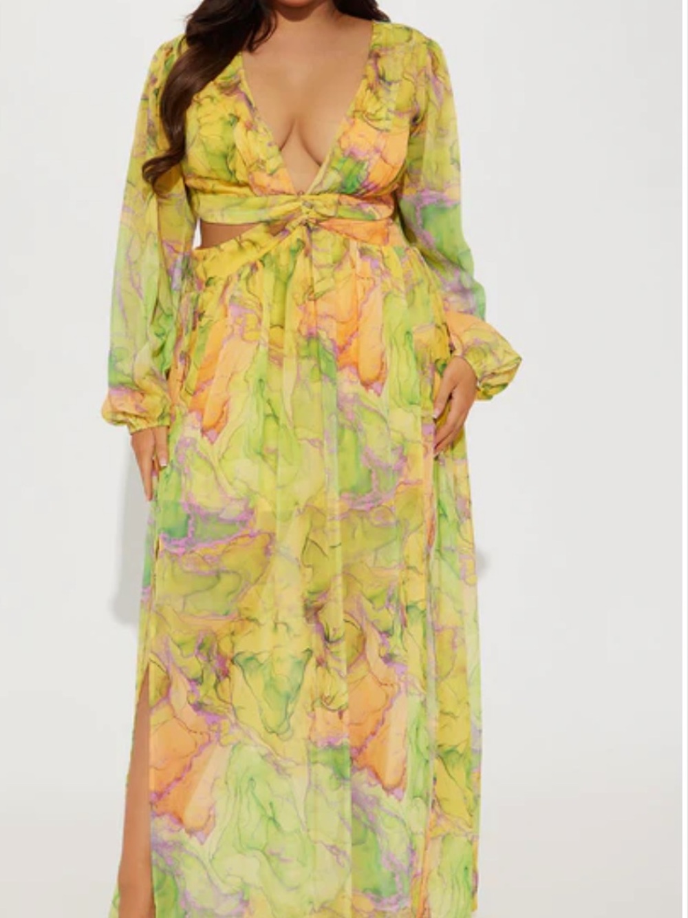 Yellow Marble Print Long Sleeve Maxi Dress